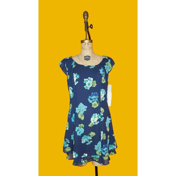 NWT 1990s-Y2K CDC EVENING FloralRuffle Cross Back Boxy Mini Dress.L-XL - Picture 2 of 10